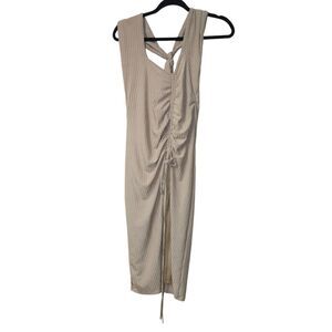 Blanc‎ Clothing Womens Medium Dress Halter Stretch High Front Slit Rouched Beige